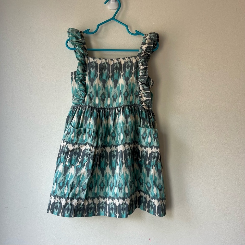 Kate Quinn Girls 4T Ruffle Strap Pocket Dress Teal Gray Ikat Print Summer Outfit